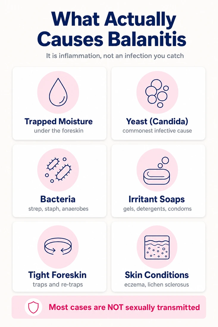 Infographic: six causes of balanitis - trapped moisture, yeast, bacteria, irritant soaps, tight foreskin and skin conditions