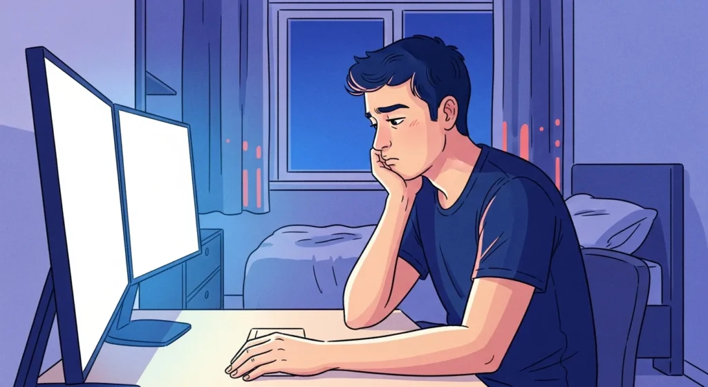 A tired young man sitting awake at a desk late at night lit by blank glowing screens, with an untouched bed behind him