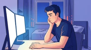 A tired young man sitting awake at a desk late at night lit by blank glowing screens, with an untouched bed behind him