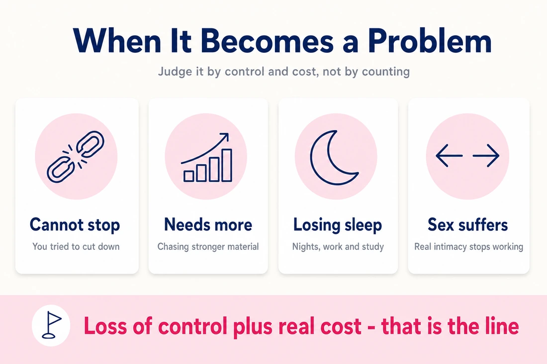 Infographic of four red flags: cannot stop, needs more, losing sleep, sex suffers