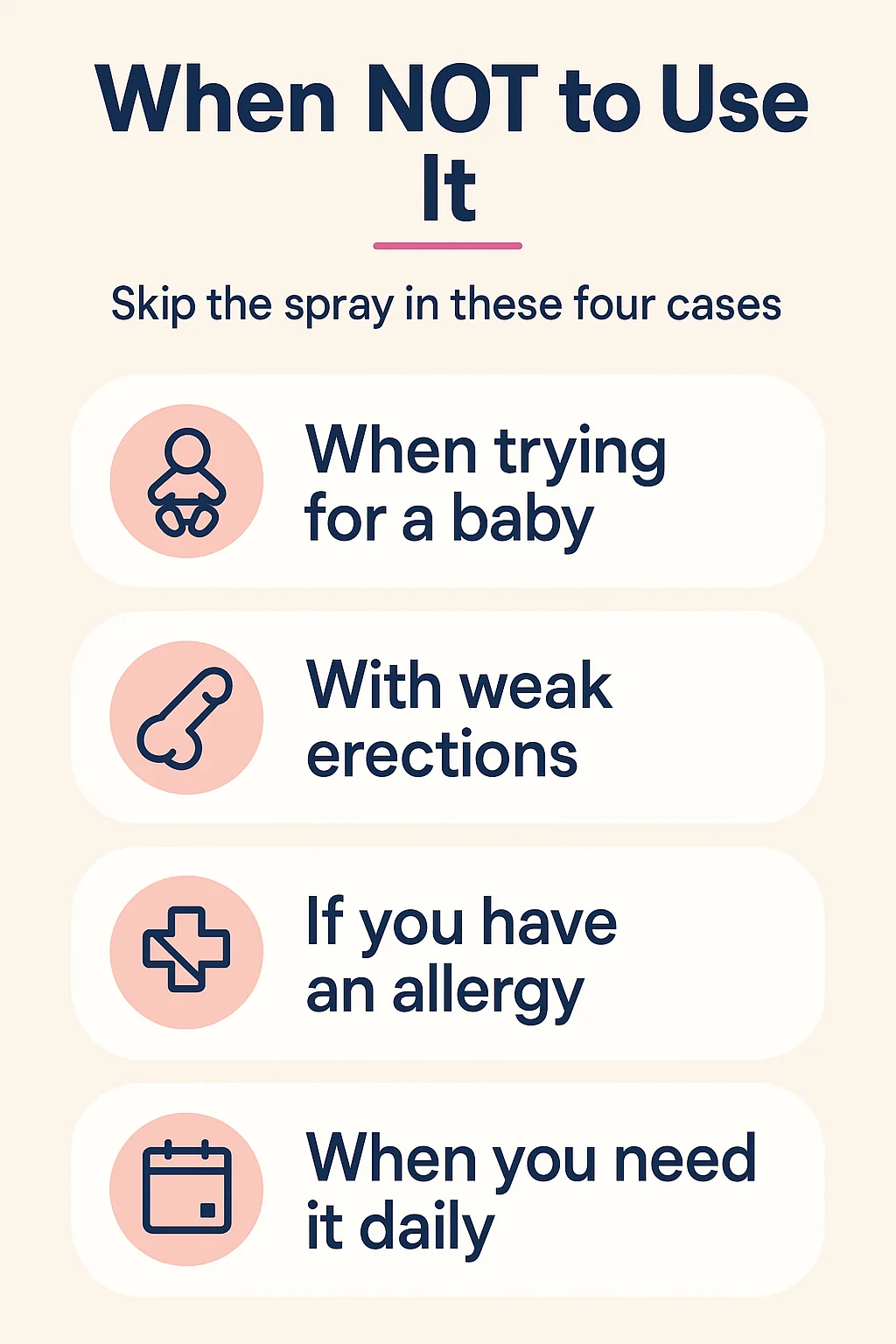 Infographic on when not to use a delay spray: when trying to conceive, when you have weak erections, when allergic to anaesthetics, and when you need it every single time