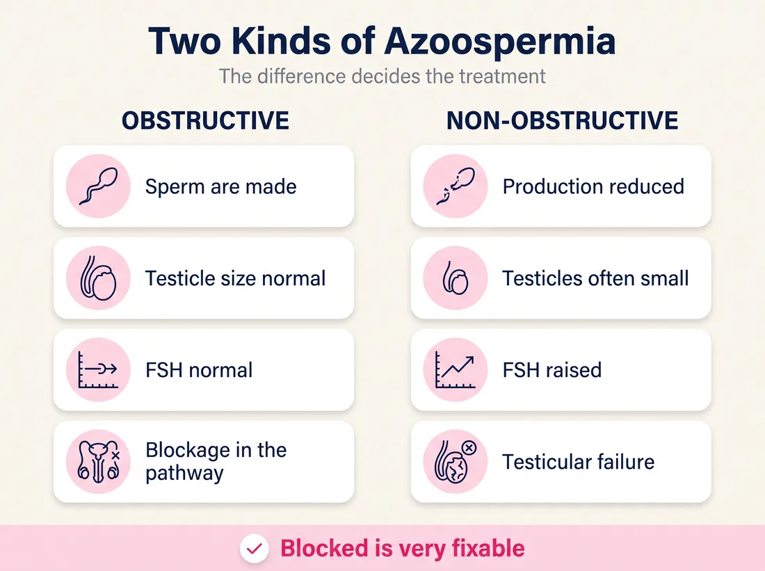 Comparison of obstructive and non-obstructive azoospermia: sperm production, testicle size, FSH level and the underlying problem in each