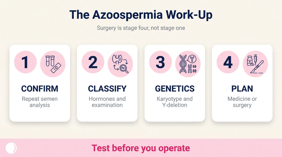 The four stages of an azoospermia work-up: confirm with a repeat semen analysis, classify with hormones and examination, genetic testing, then plan treatment