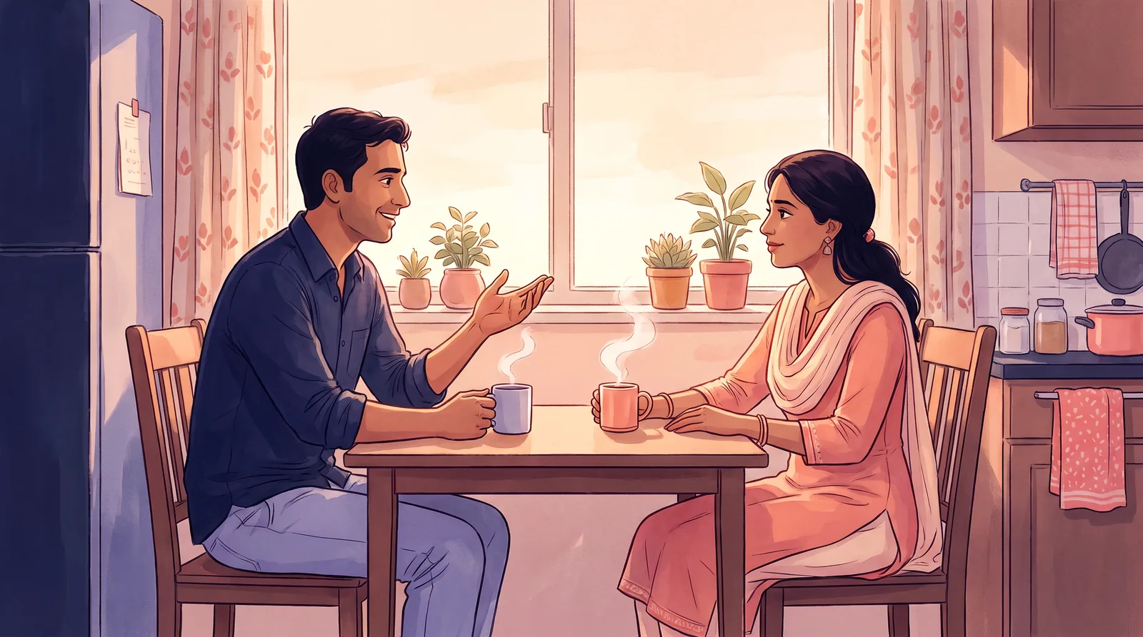 An Indian couple in their thirties talking calmly over morning chai after a health worry has been resolved