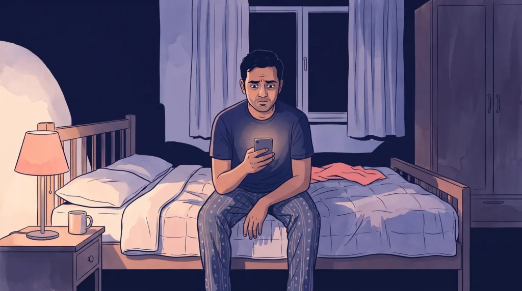 A worried man in his thirties sitting on the edge of his bed at night after noticing blood in his semen