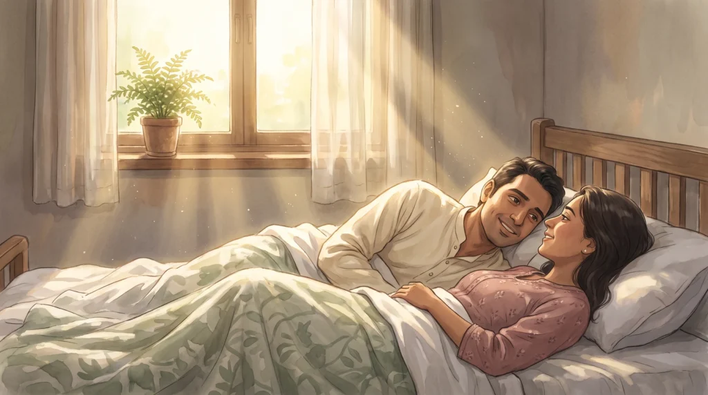 An Indian couple awake together in bed in soft early morning light, both relaxed and smiling