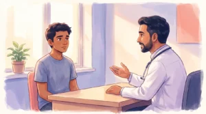 A young Indian man sitting across a desk from a male andrologist who is explaining something to him in a bright consulting room