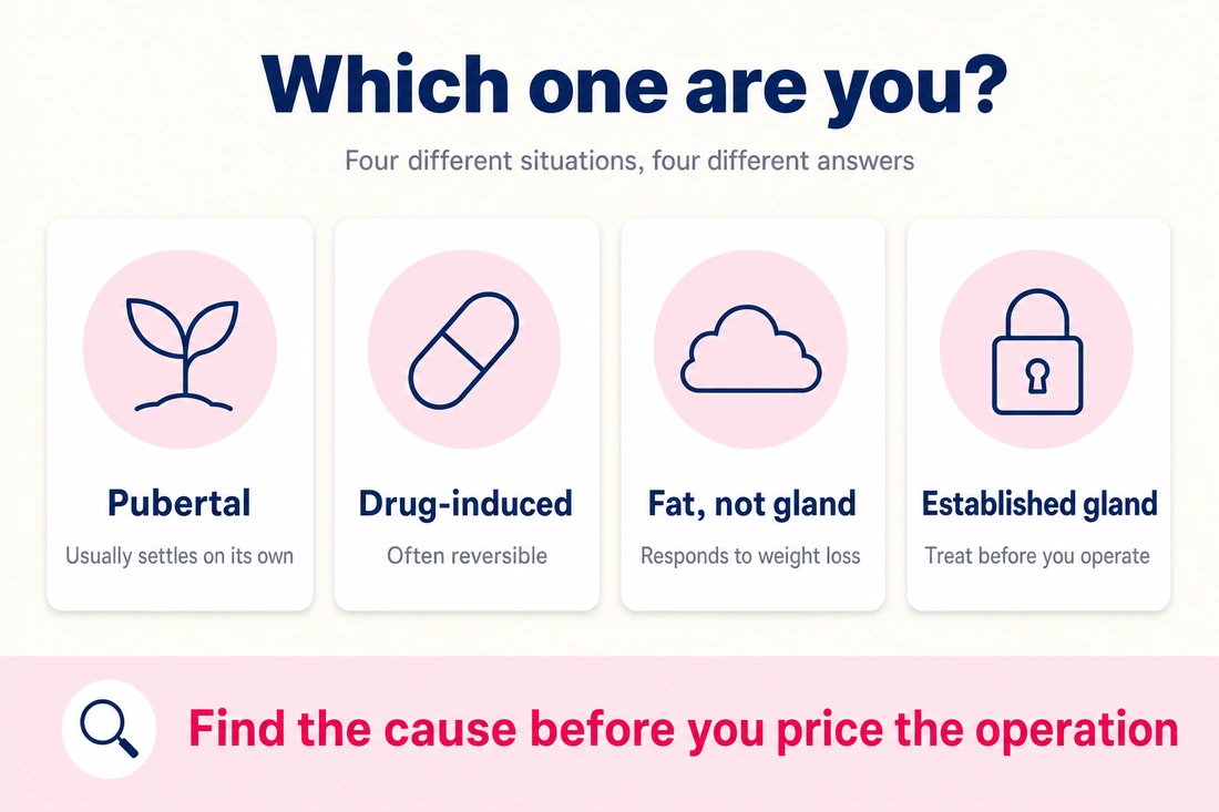 Gynecomastia decision infographic: pubertal, drug-induced, fat not gland, and established gland, with what each situation needs