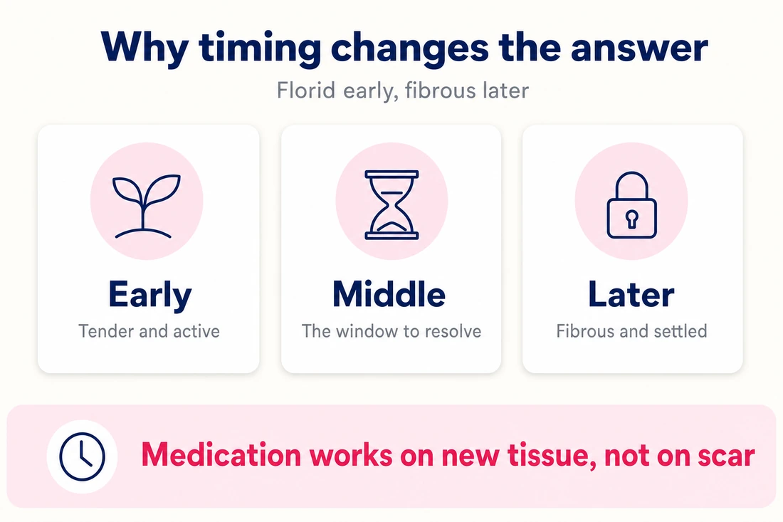 Gynecomastia timing infographic: early tender active tissue, the middle window to resolve, and later fibrous settled tissue