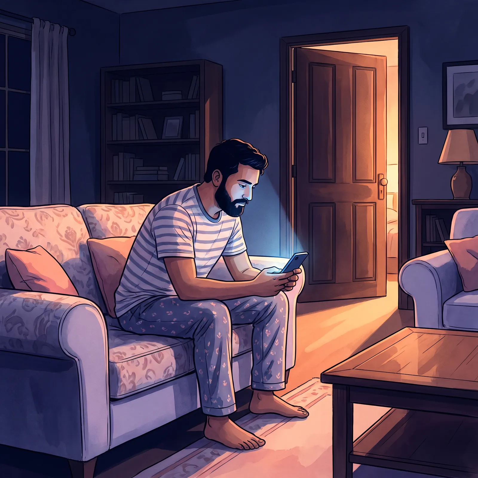 A man sitting alone on a sofa late at night in the blue glow of a phone, with warm light spilling from a bedroom doorway behind him