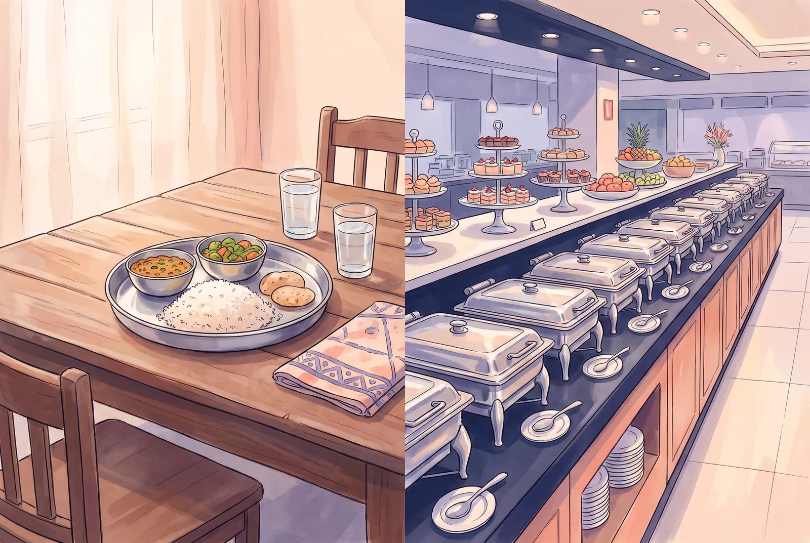 A quiet home-cooked meal on a wooden table beside a vast overwhelming buffet spread, rendered in soft illustration