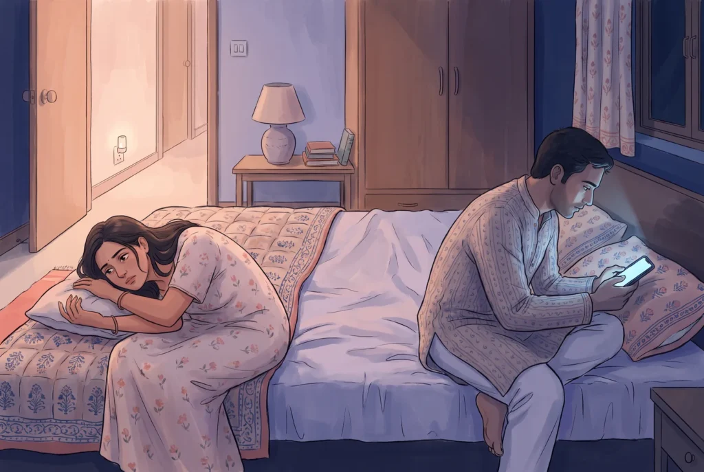 Married Indian couple lying awake in bed at night, turned away from each other, the husband's face lit by a phone screen