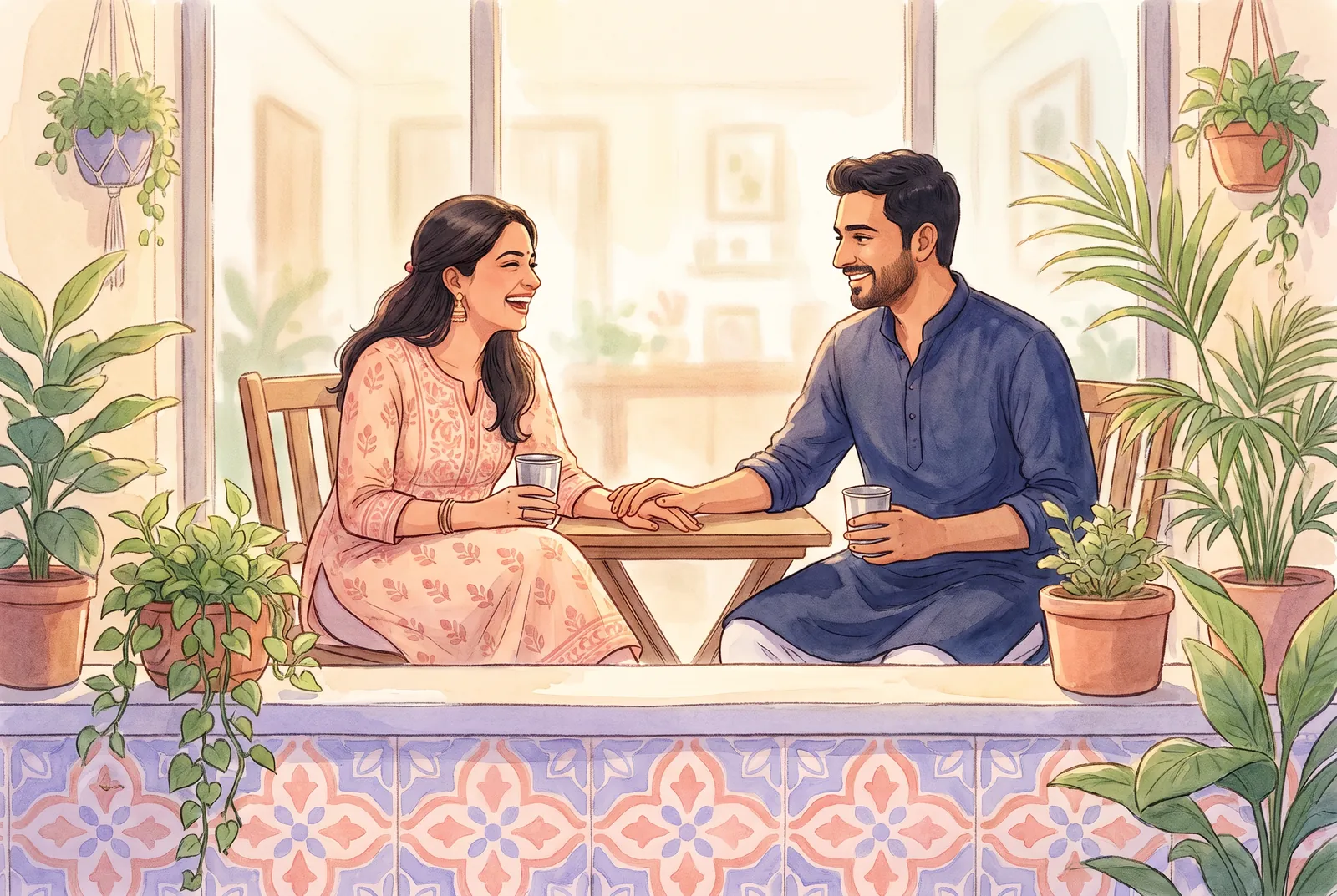 An Indian couple sitting close together in soft morning light, sharing tea and talking, relaxed and connected