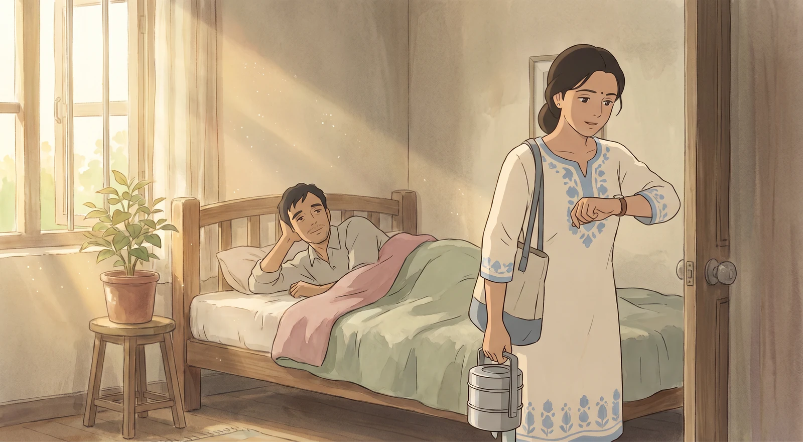 An Indian woman dressed and getting ready for the day beside the bed with her work bag and tiffin box while her husband is still under the covers