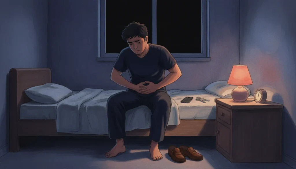 A young man sitting alone on the edge of his bed in the middle of the night, hunched over in pain with his shoes and keys beside him, deciding to go to hospital for paraphimosis