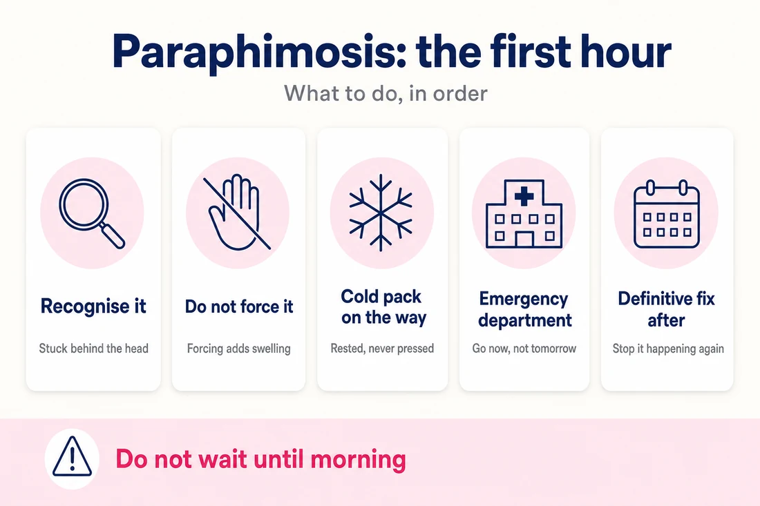 Paraphimosis in the first hour: recognise it, do not force it, cold pack on the way, emergency department now, definitive fix after - do not wait until morning