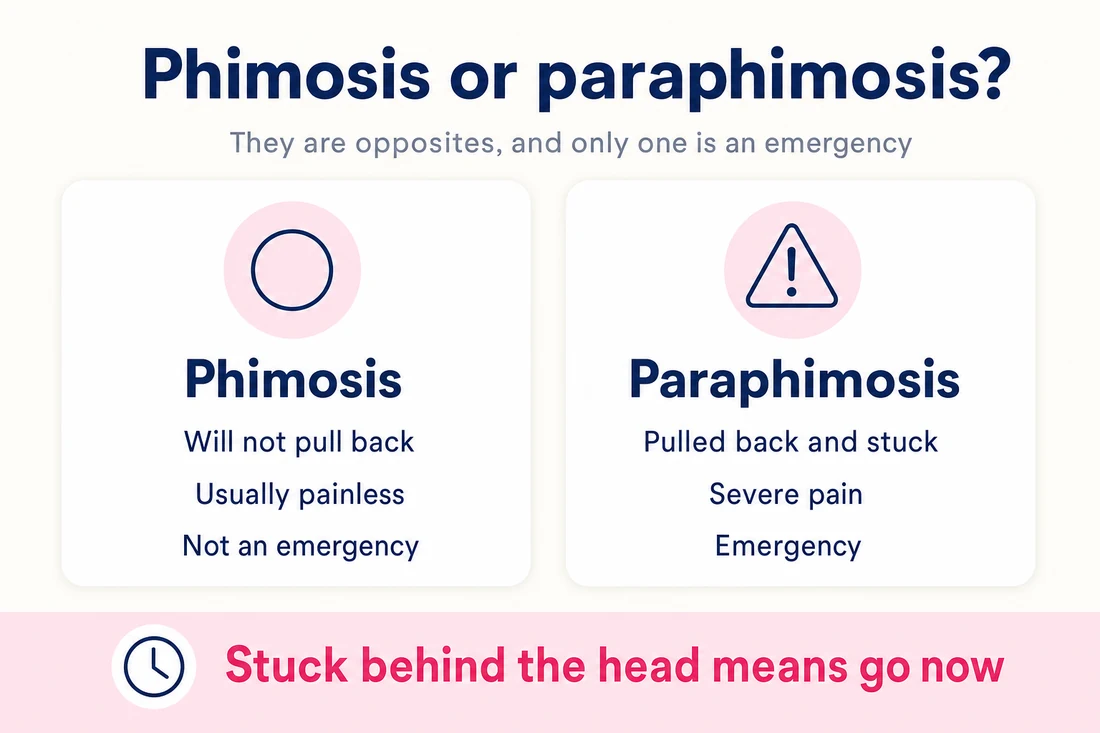 Phimosis will not pull back and is usually painless and not an emergency; paraphimosis is pulled back and stuck, severely painful, and an emergency