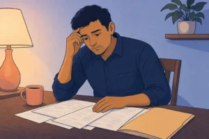 A man at home in the evening reading through a folder of normal prostatitis test reports, tired but composed