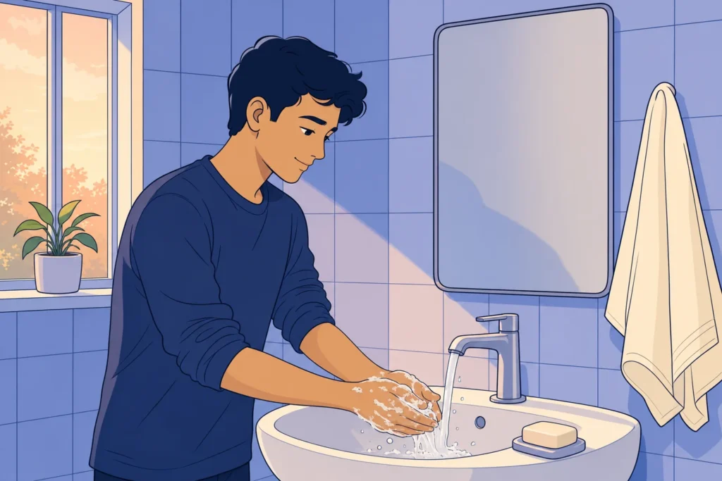 A young man washing his hands at a sunlit bathroom basin before the daily foreskin wash that clears smegma