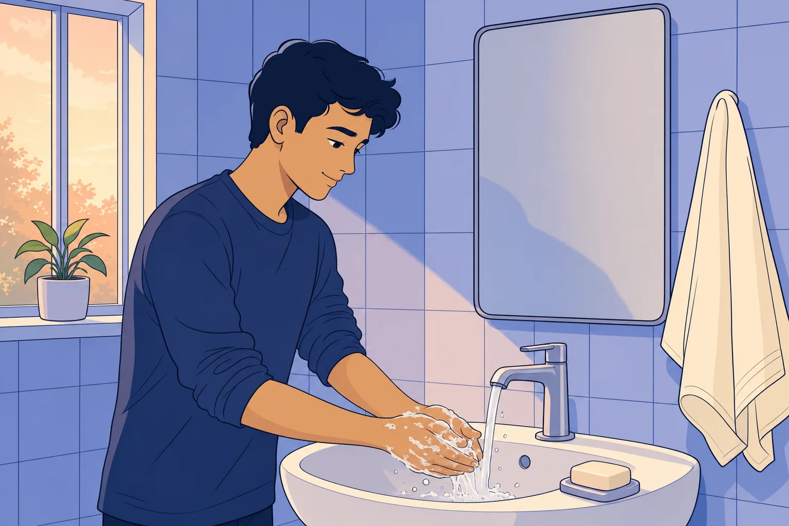A young man washing his hands at a sunlit bathroom basin before the daily foreskin wash that clears smegma