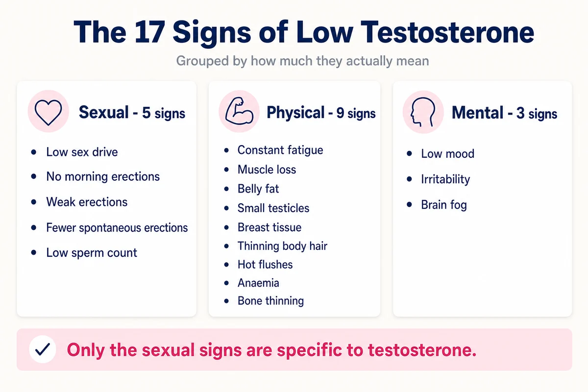 Infographic: 17 signs of low testosterone grouped into 5 sexual, 9 physical and 3 mental symptoms