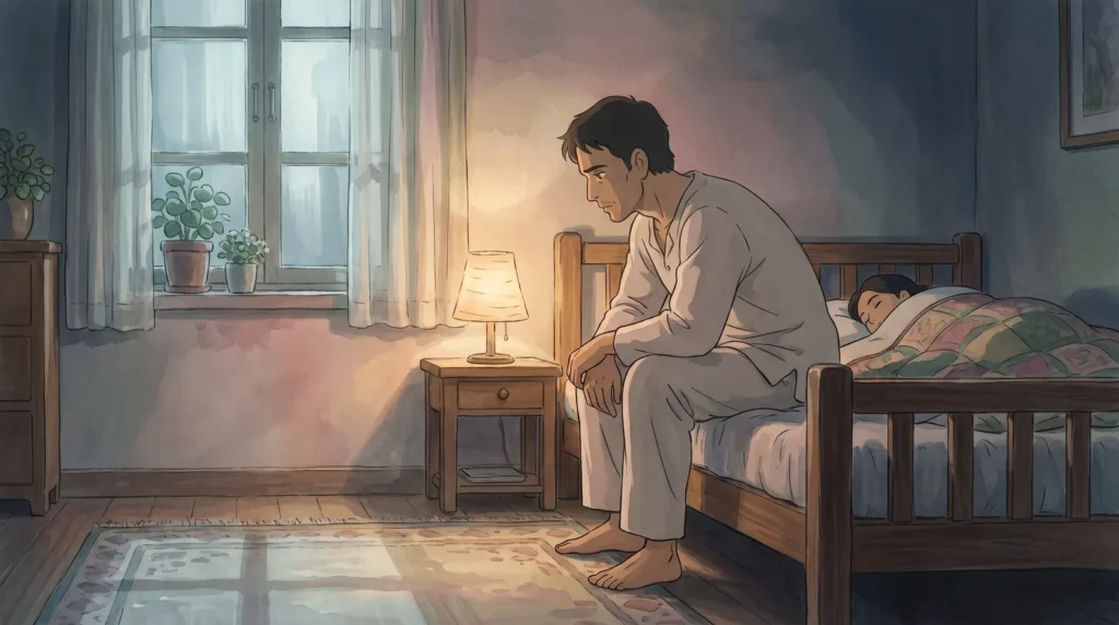 A man sitting awake on the edge of his bed at night, wondering why he cannot ejaculate