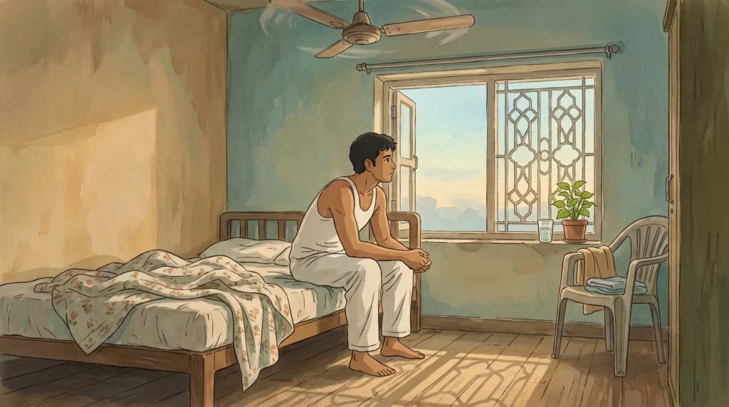 A young man sitting quietly at the edge of a bed at dawn in a Chennai apartment, thinking — the private worry behind death grip syndrome