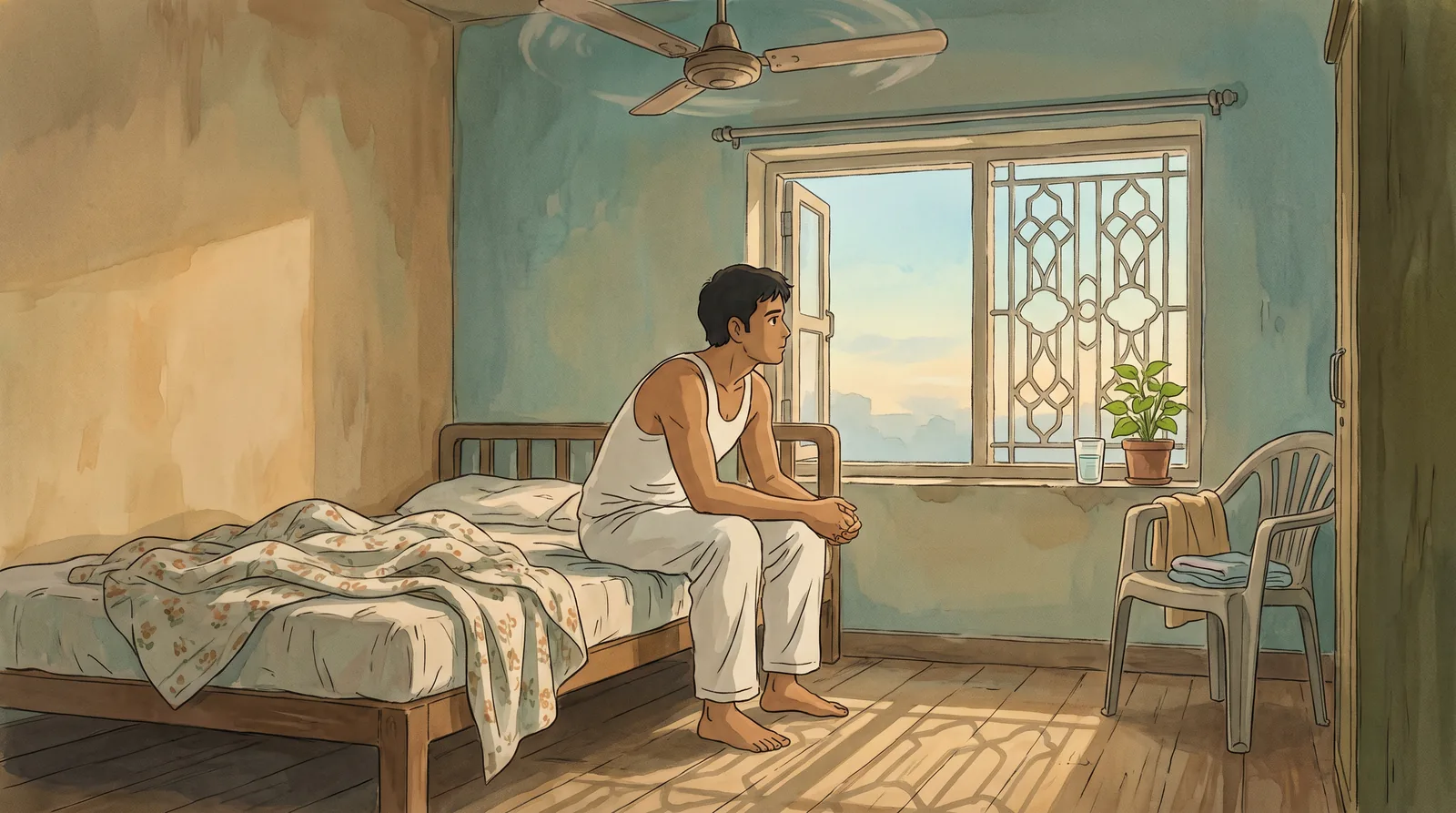 A young man sitting quietly at the edge of a bed at dawn in a Chennai apartment, thinking — the private worry behind death grip syndrome