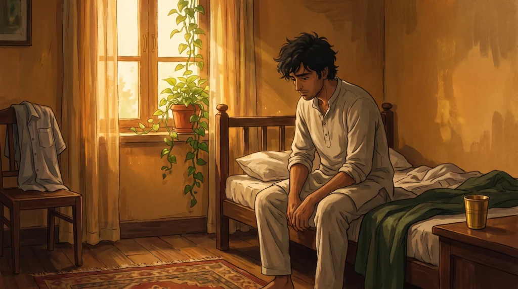 Man in his forties sitting on the edge of his bed in morning light, tired and low on energy - a common presentation of low testosterone symptoms