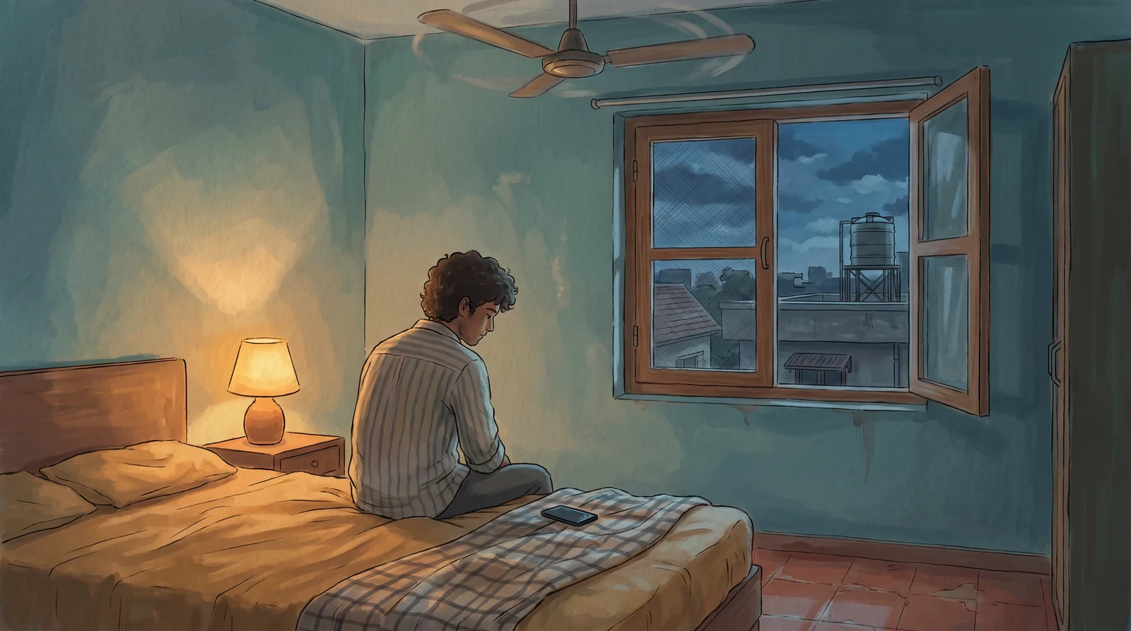 A young man sitting quietly on the edge of his bed at night, phone face-down, in the calm few minutes after sex