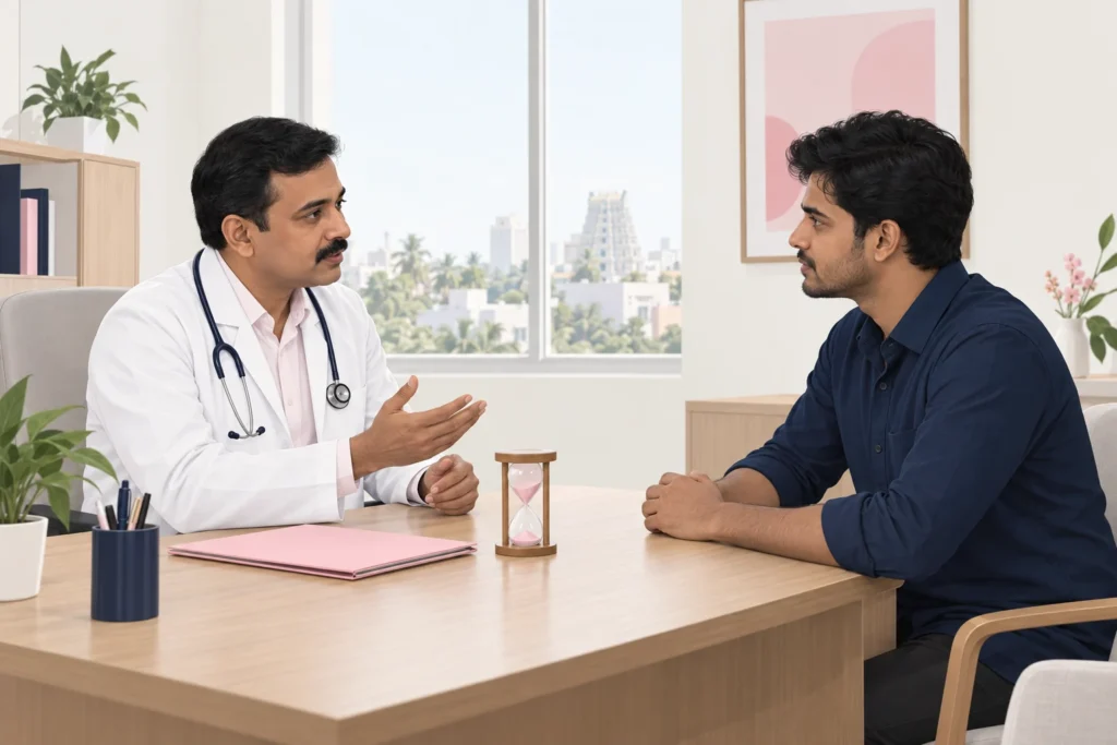 Editorial illustration of a Chennai doctor in a white coat explaining HIV test timing to a young man in a navy shirt across a desk, with a small pink-sand hourglass between them