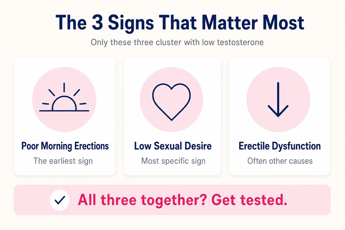 Infographic: the three signs that matter most in low testosterone — poor morning erections, low sexual desire and erectile dysfunction