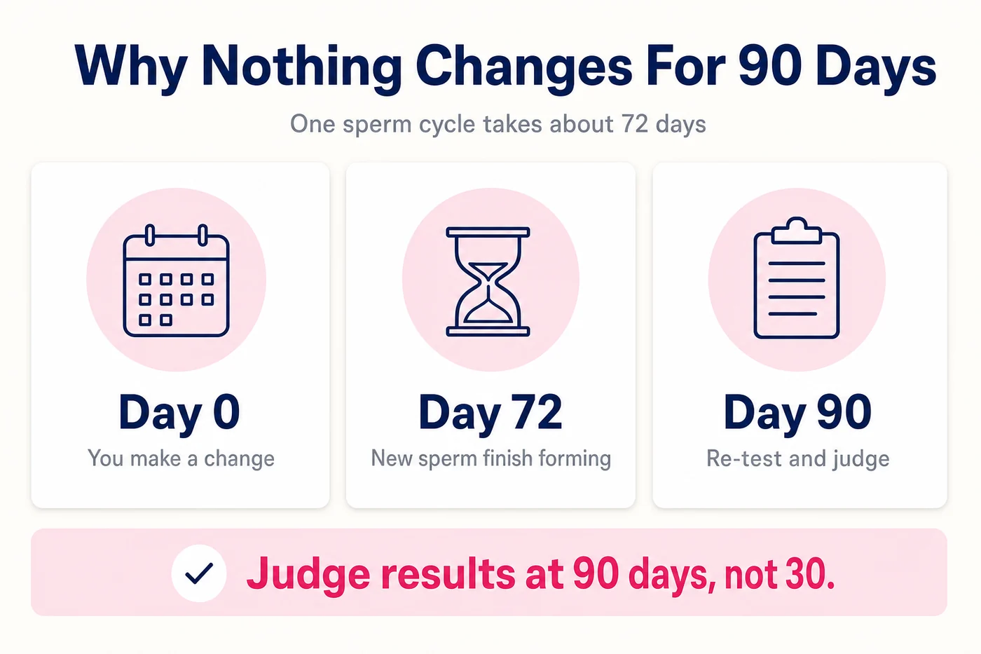 Male fertility infographic: one sperm cycle takes about 72 days, so judge changes at 90 days rather than 30