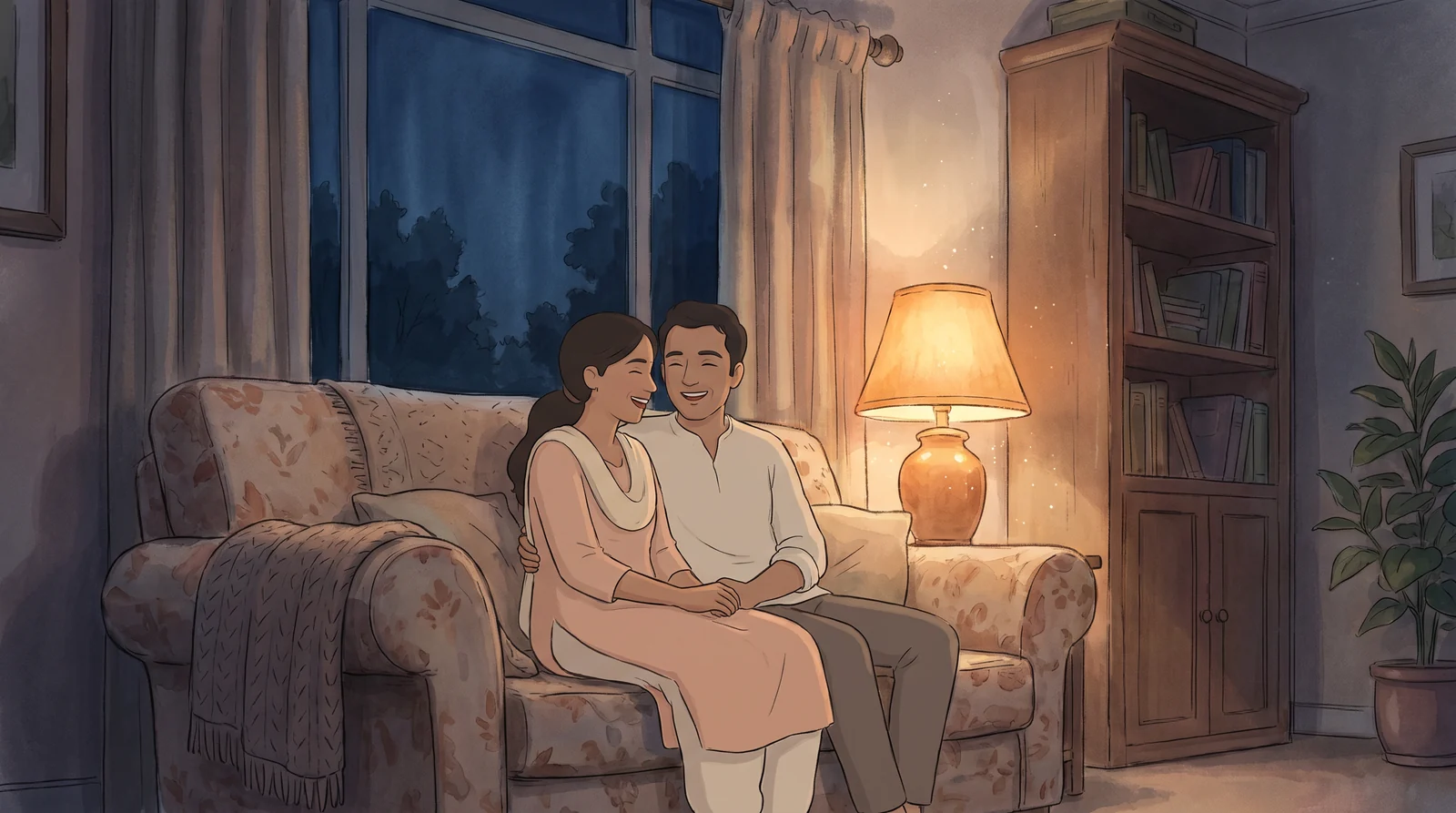 Male fertility tip to get pregnant fast: an Indian couple relaxed together in the evening, with no ovulation kit or app in sight