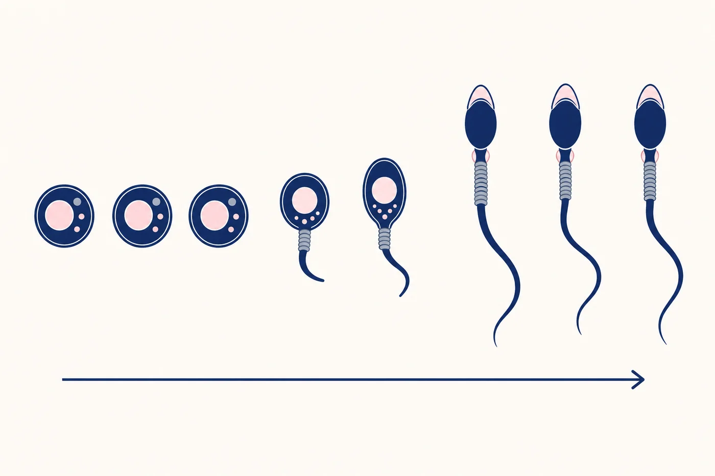 Male fertility diagram: sperm maturing from immature round cells into fully formed sperm over one 72-day production cycle