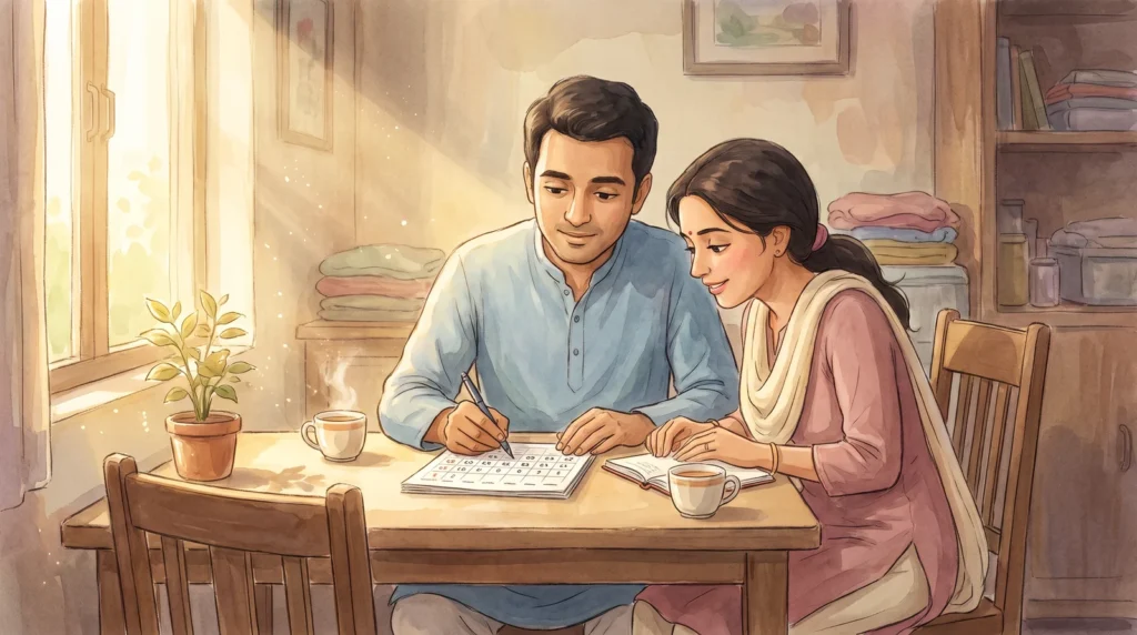 Illustration of an Indian couple at their kitchen table marking a review date on a calendar together while planning to conceive