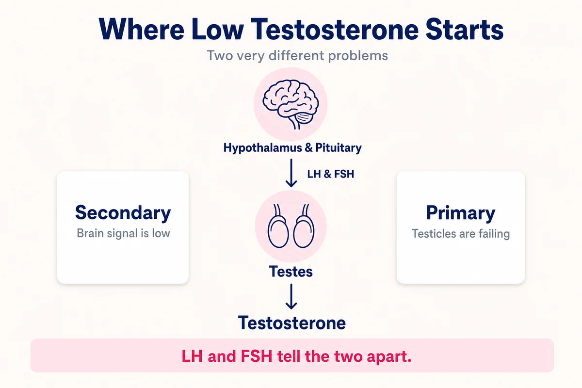 Diagram of the hypothalamic-pituitary-testicular axis showing primary versus secondary hypogonadism, with LH and FSH distinguishing the two