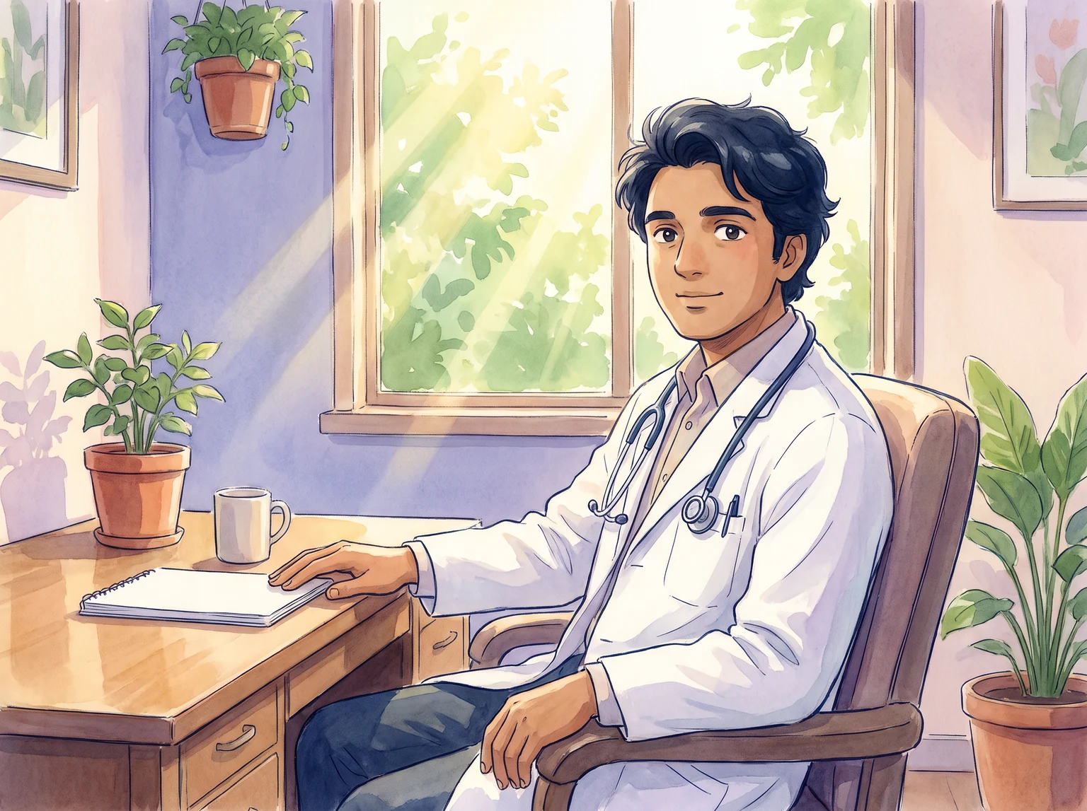 A consultant andrologist seated in a bright consulting room, ready to review a semen culture report with a patient