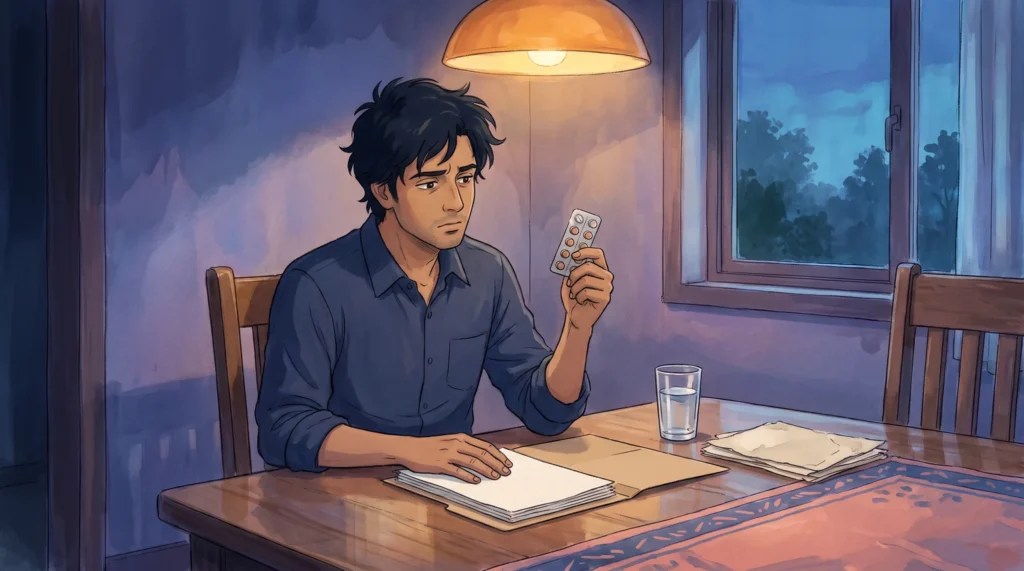 A man alone at his dining table in the evening, holding up a half-used strip of antibiotic tablets beside a folder of semen culture reports