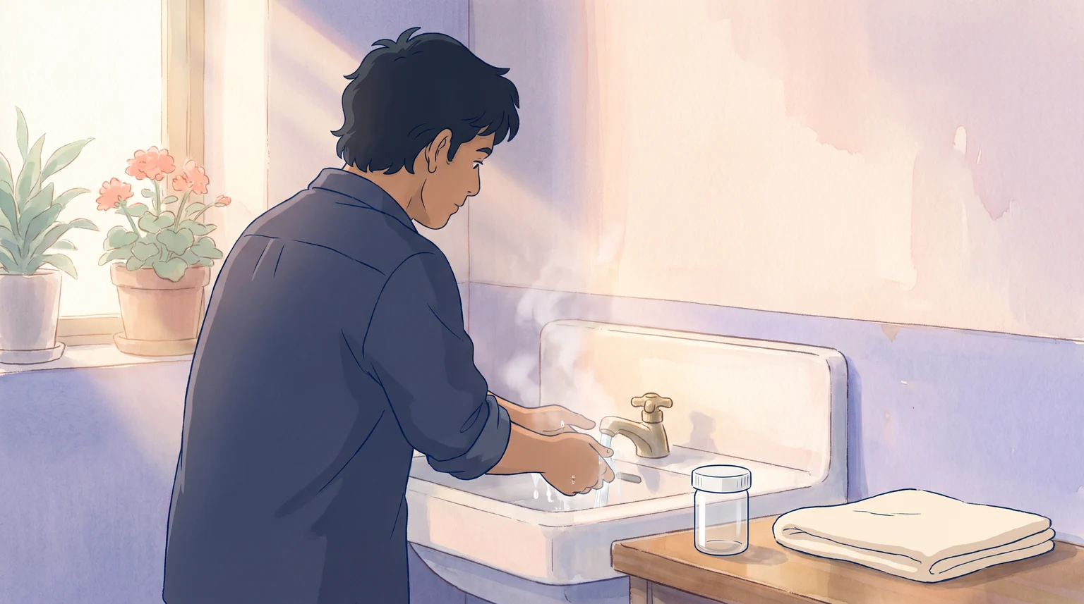 A man washing his hands at a clinic washbasin with a sterile specimen container waiting on the shelf beside him