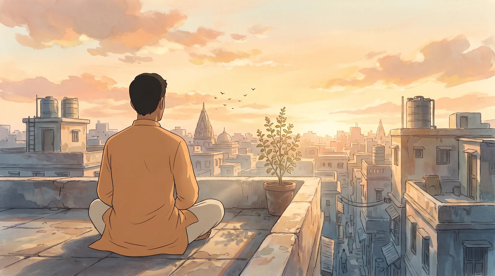 A young Indian man in a kurta sitting cross-legged on a terrace at sunrise, looking out over a waking city, in the warm hand-painted style of a Studio Ghibli film