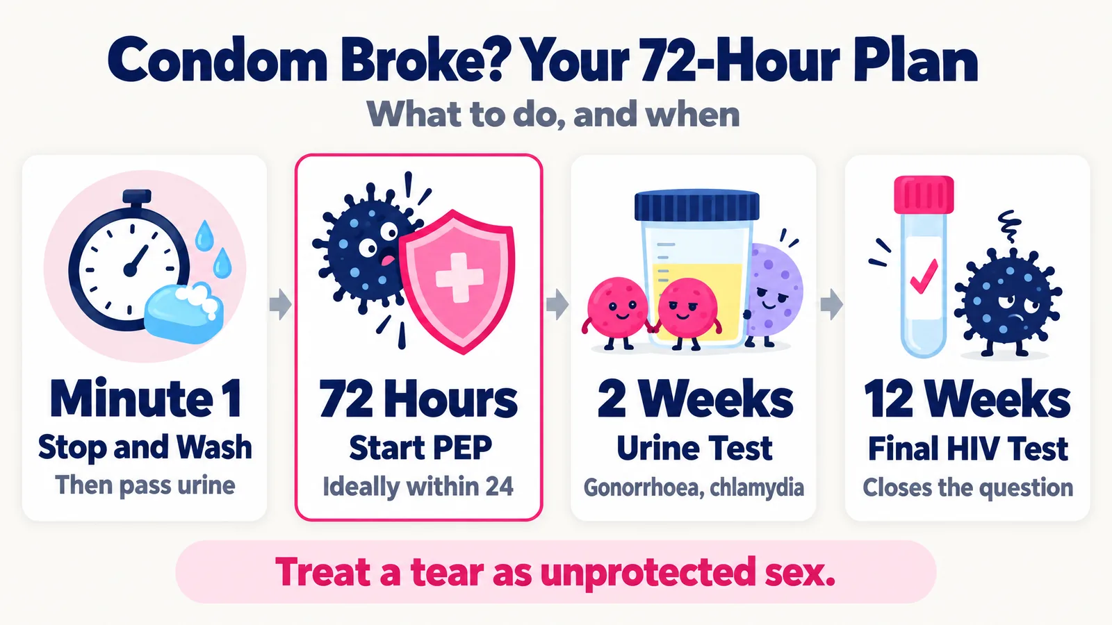 Condom broke infographic: your 72-hour plan, from stopping and washing in minute 1 to PEP within 72 hours, a urine test at 2 weeks and the final HIV test at 12 weeks