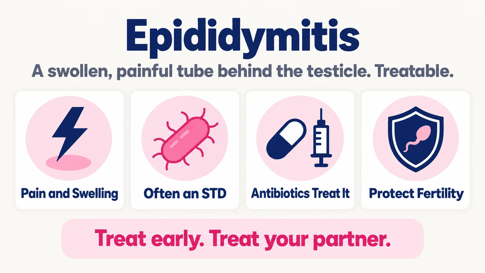 Epididymitis infographic: pain and swelling, often an STD, antibiotics treat it, protect fertility. Treat early and treat your partner.