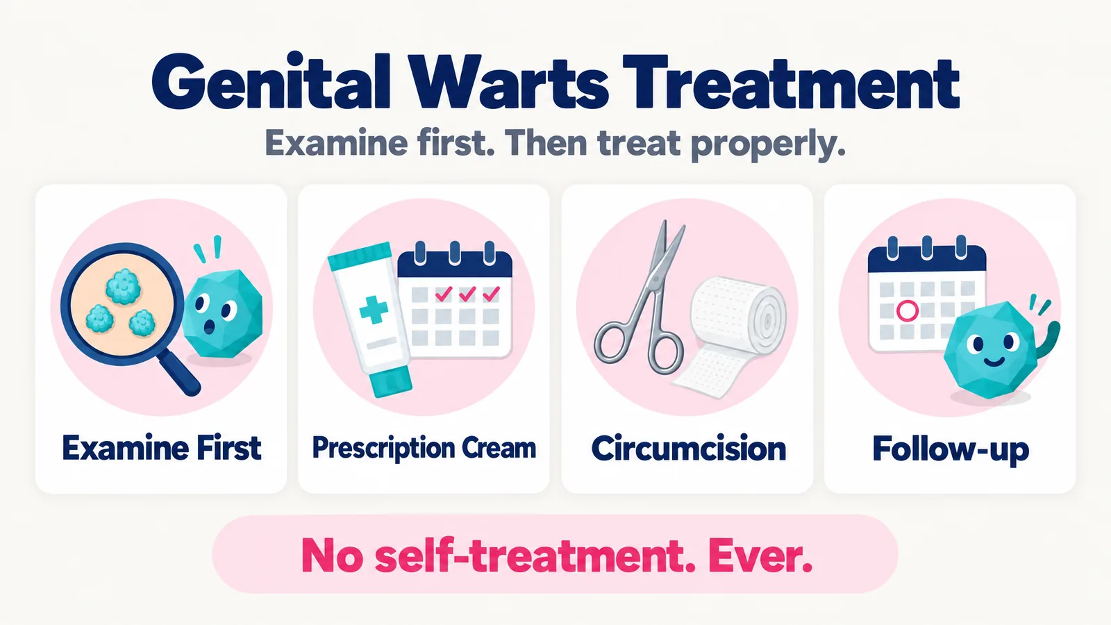 Genital warts treatment in Chennai: examine first, prescription imiquimod cream, circumcision for severe foreskin warts, and follow-up, with no self-treatment
