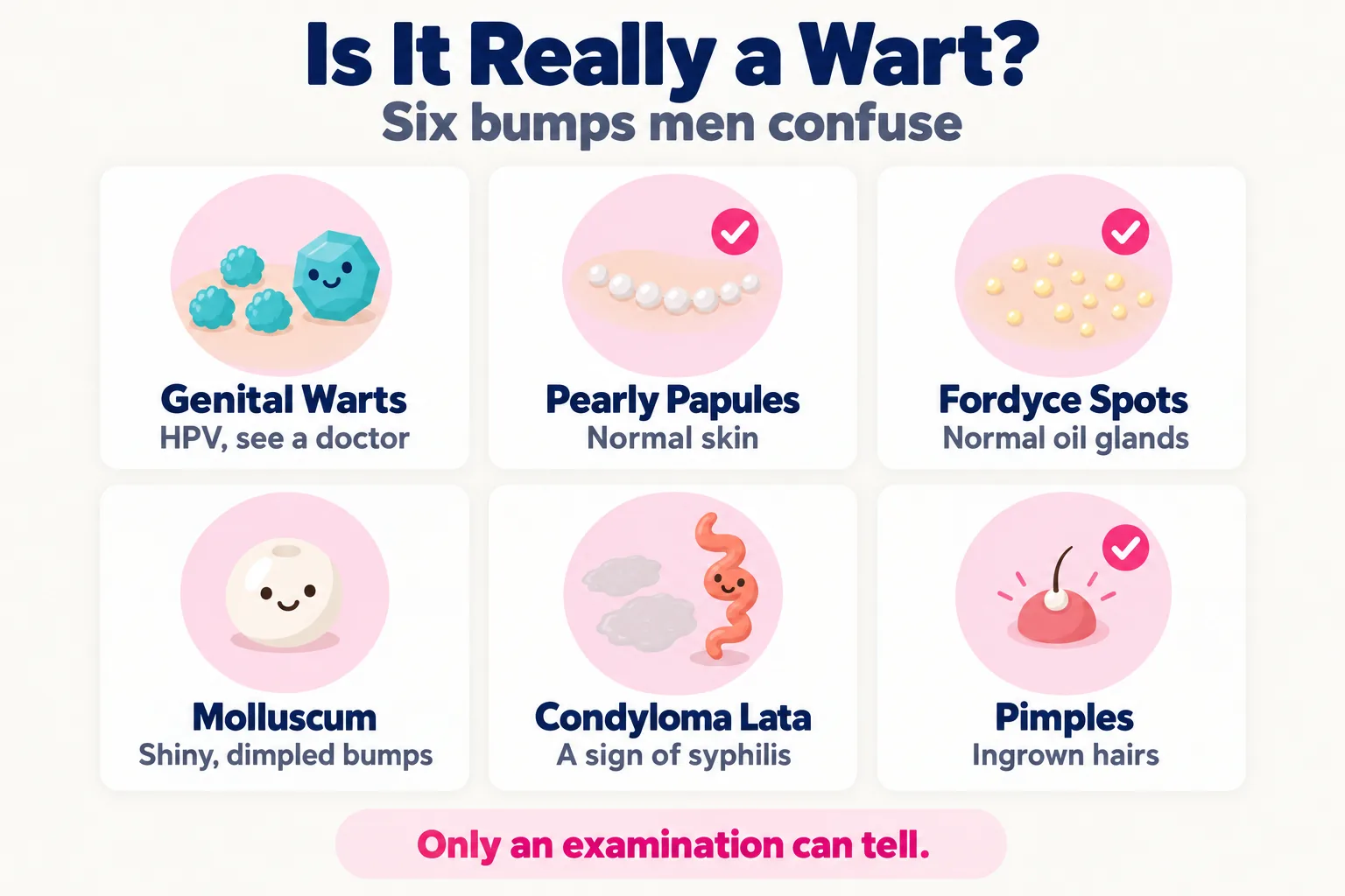 Is it really a wart? Genital warts compared with pearly penile papules, Fordyce spots, molluscum contagiosum, condyloma lata of syphilis and pimples
