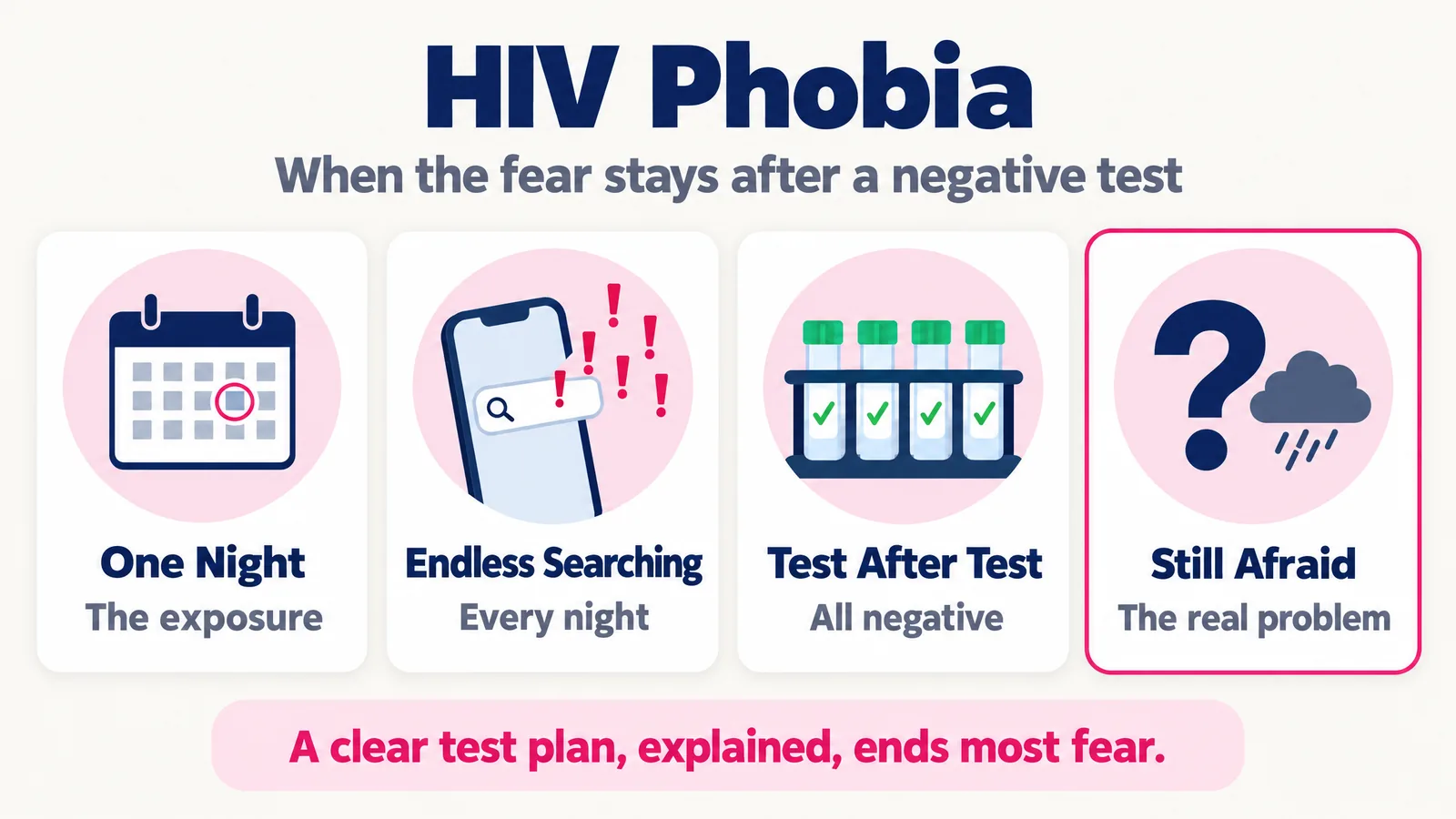 HIV phobia infographic: one night of exposure, endless searching, test after test all negative, and still afraid