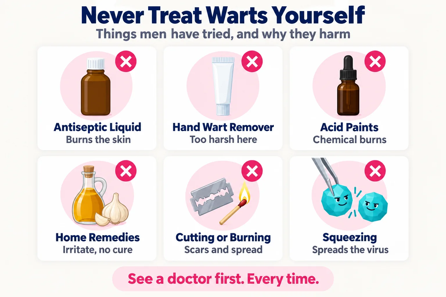 Never treat genital warts yourself: antiseptic liquid, hand wart removers, acid paints, home remedies, cutting or burning, and squeezing all harm the skin