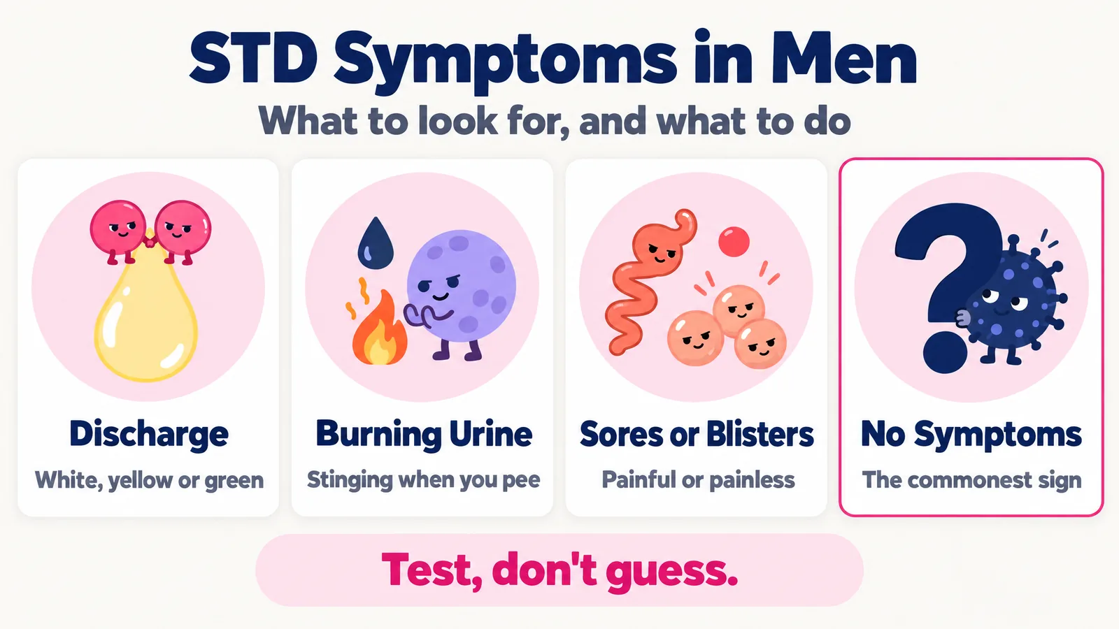STD symptoms in men infographic: discharge, burning urine, sores, blisters, warts, itching and testicle pain, and a reminder that many STDs show no sign